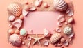 Composition of shells and sand. A pink pastel card in the middle. Frame mockup. Royalty Free Stock Photo