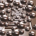 Composition of shiny balls and rectangular frames. on a coffee-brown dark background.