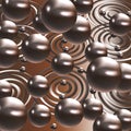 Composition of shiny balls and rings on a dark coffee-brown background.