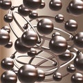 Composition of shiny metallic balls and rings on a chocolate brown gradient background.
