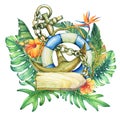 Composition with ship lifebuoy, anchor, nameplate, flowers and tropical plants.