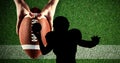 Composition of silhouette of american football player over ball on pitch