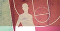 Composition of silhouette of basketball player on basketball court over grunge distressed background