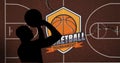 Composition of silhouette of basketball player over basketball court