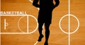 Composition of silhouette of basketball player over basketball court