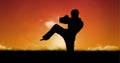 Composition of silhouette of male martial artist over orange sky with sun setting Royalty Free Stock Photo