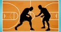 Composition of silhouettes of basketball players over basketball court