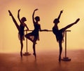 Composition from silhouettes of three young dancers in ballet poses on a orange background. Royalty Free Stock Photo