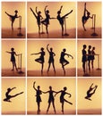 Composition from silhouettes of three young dancers in ballet poses on a orange background. Royalty Free Stock Photo