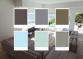 Composition of six colour swatches over modern interiors with sea view in background