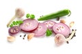 Composition with sliced red onion, garlic and spices on white background Royalty Free Stock Photo