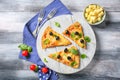 Composition with slices of tasty pizza on wooden table Royalty Free Stock Photo