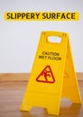 Composition of slippery surface text over yellow caution sign