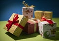 Composition with small Christmas gift boxes. Royalty Free Stock Photo