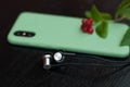 Composition with smartphone in unbranded mint / teal color case, headphones, green leaves and red berries. Music lover