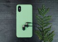 Composition with smartphone in unbranded mint / teal color case, headphones, green leaves of white cedar branch on black wooden ta