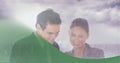 Composition of smiling businessman and businesswoman talking over clouded sky with green border