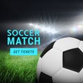 Composition of soccer match get tickets text with football on pitch