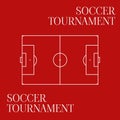 Composition of soccer tournament text over football pitch on red background