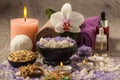 Composition of spa products on the light wooden table Royalty Free Stock Photo