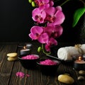 Composition of spa treatment on dark wooden background Royalty Free Stock Photo