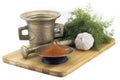 Composition of spices, mix dry hot peppers, dill, garlic, vintage spice grinder isolated on white background