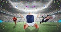 Composition of sportsmen celebrating victory at stadium with confetti Royalty Free Stock Photo