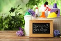 Composition with Spring Cleaning sign, flowers and detergents on table