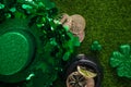 Composition for St. Patrick`s Day with shiny hat of leprechaun with clover and coins on green grass background. Flat lay. View Royalty Free Stock Photo