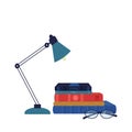 Composition stack of books, lamp, reading glasses