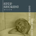 Composition of stop snoring week text over biracial man sleeping in bed