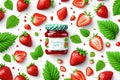 Composition of strawberries, jar of strawberry jam on white background Royalty Free Stock Photo