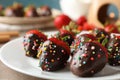 Composition with strawberry in chocolate close up. Chocolate fondue Royalty Free Stock Photo