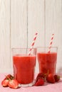 Composition strawberry cocktails on pink table. Summer drink Royalty Free Stock Photo