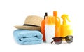 Composition with sun protection products on white background. Royalty Free Stock Photo