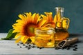 Composition with sunflower, seeds and oil Royalty Free Stock Photo