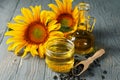 Composition with sunflower, seeds and oil Royalty Free Stock Photo