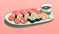 Composition sushi set. Japanese food illustration Royalty Free Stock Photo