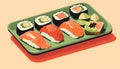 Composition sushi set. Japanese food illustration Royalty Free Stock Photo