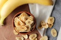 Composition with sweet dried banana slices, fresh bananas. Top view with space for text. Dried fruit as healthy snack. Royalty Free Stock Photo