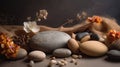 Composition with symbolic objects for spa salon. Stone therapy attributes for cosmetic procedures. AI Generative