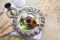 Composition with symbolic Passover, Pesach, items and meal on stone background, Royalty Free Stock Photo