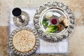 Composition with symbolic Passover, Pesach, items and meal on stone background, Royalty Free Stock Photo