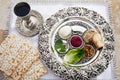 Composition with symbolic Passover, Pesach, items and meal on stone background, Royalty Free Stock Photo