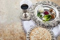 Composition with symbolic Passover, Pesach, items and meal on stone background, Royalty Free Stock Photo