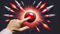 An artistic collage depicting a hand pressing a red button surrounded by warheads flying with fiery trails. The composition Royalty Free Stock Photo