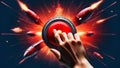 An artistic collage depicting a hand pressing a red button surrounded by warheads flying with fiery trails. The composition Royalty Free Stock Photo