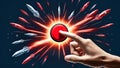 An artistic collage depicting a hand pressing a red button surrounded by warheads flying with fiery trails. The composition Royalty Free Stock Photo