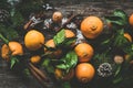 Composition with tangerines, spices, nuts and fir tree Royalty Free Stock Photo