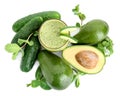 Composition with tasty avocado smoothie and fresh fruits on white background